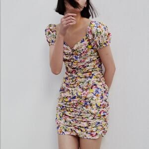 2/$30 ZARA Floral Two-way Off-the-Shoulder Dress Multi Ruched Puff Sleeve #7062